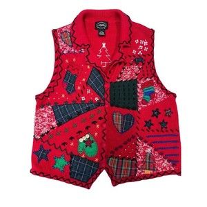 Designer Originals Studio Red Embroidered Christmas Button Up Sweater Vest PS